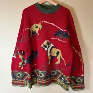 Vintage Willis & Geiger 100% Wool Knit Sweater Safari Animals Mens Large